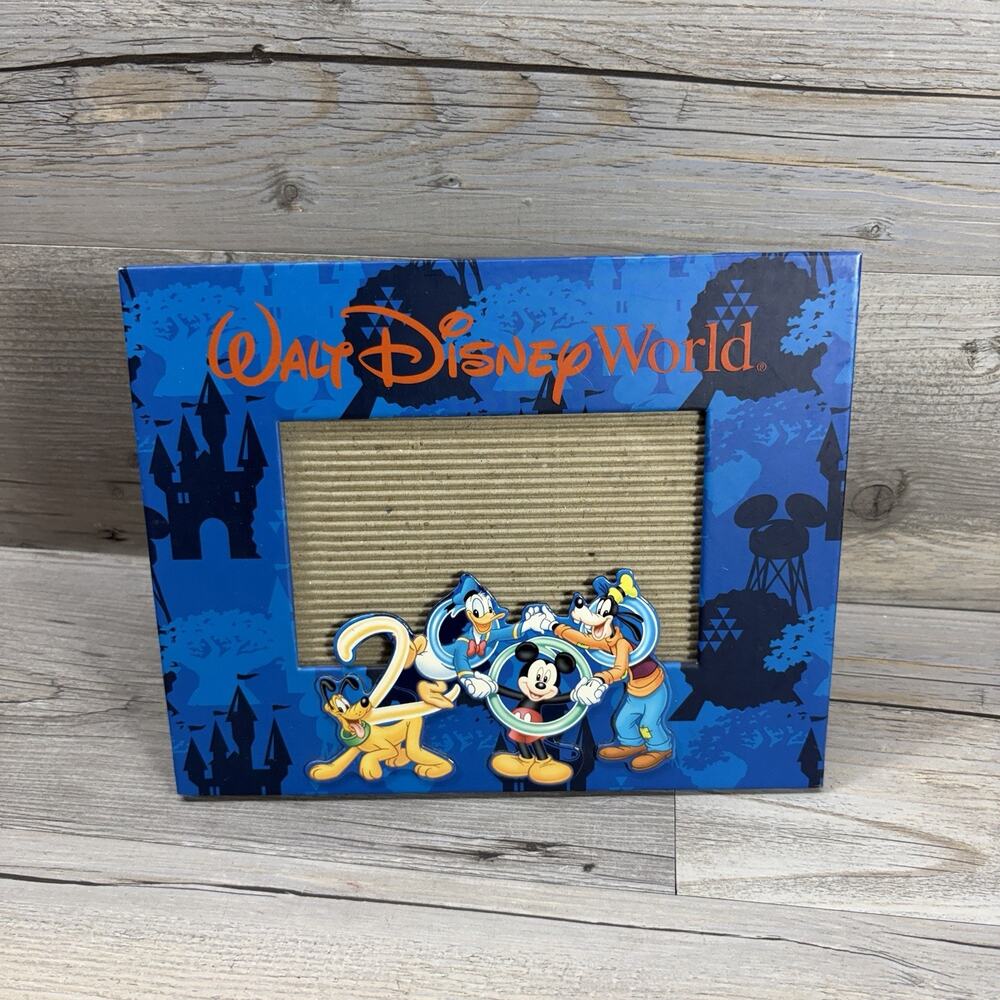 VTG 2000 Walt Disney World Picture Photo Frame Blue 4X6 Mickey, Goofy, Donald